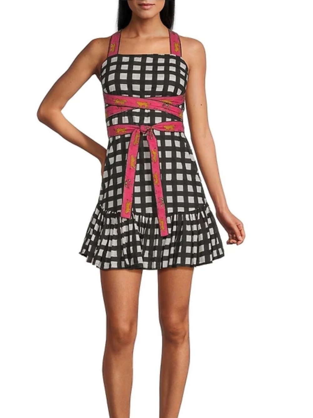 Mo Maya Luna Check and Leopard Print Strap Square Neckline Sleeveless Mini Dress